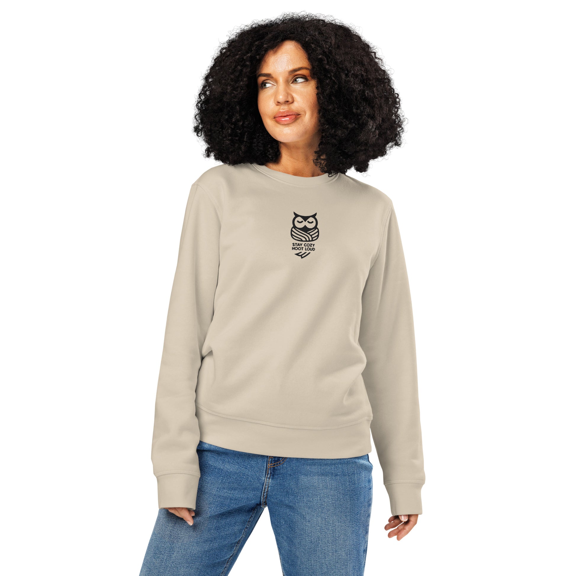 Owl Unisex Organic Mid-Weight Sweatshirt: 'Stay Cozy Hoot Loud' in Fall | Sustainable Fashion USA Dudeily