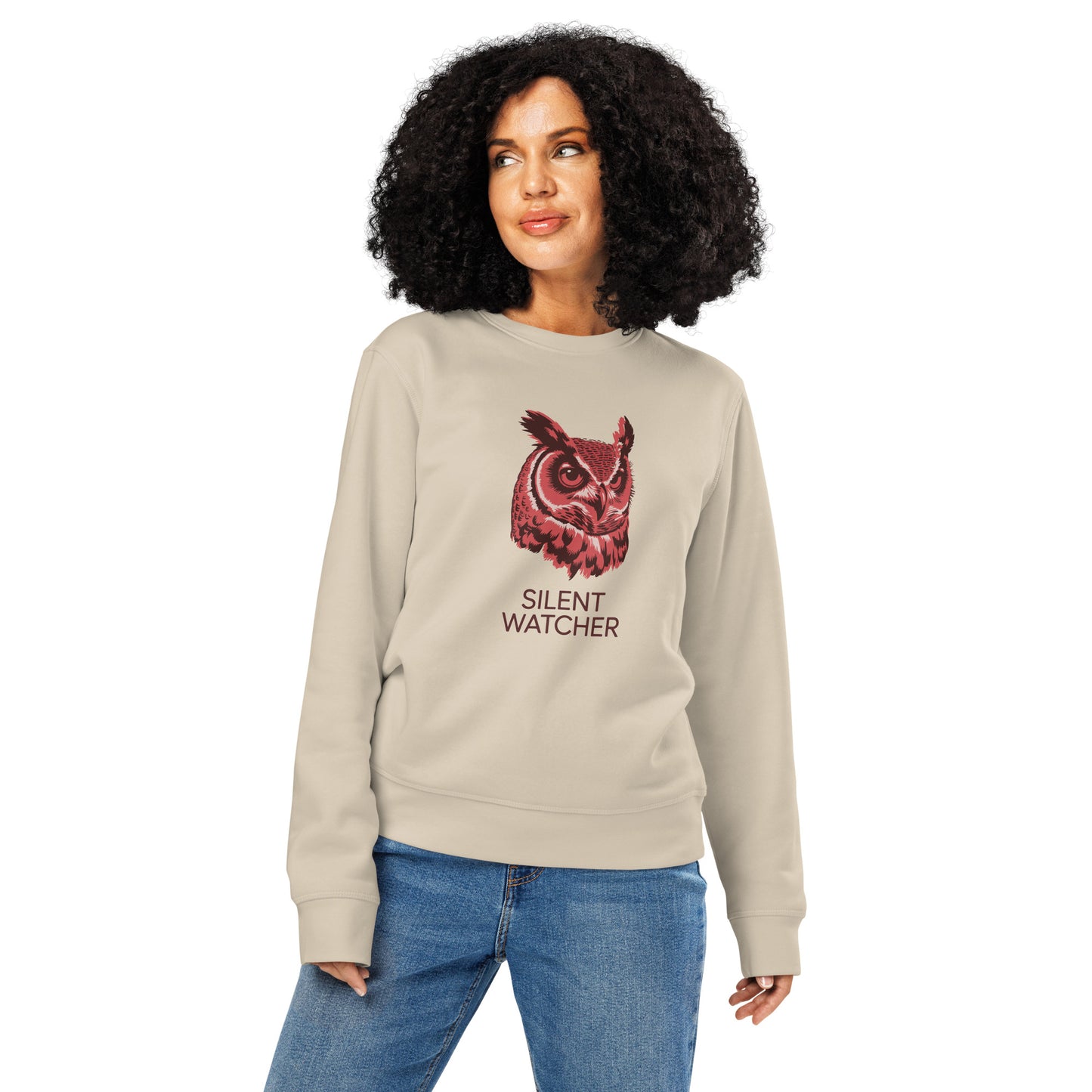 Owl Unisex Organic Mid-Weight Sweatshirt: 'Silent Watcher' in Fall | Sustainable Owl Fashion USA Desert Dust Dudeily