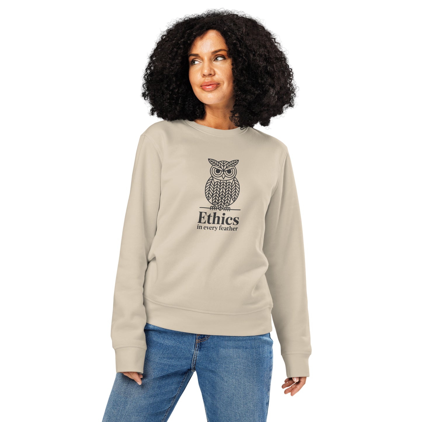 Unisex Organic Mid-Weight Sweatshirt: 'Ethics in Every Feather' for Fall | Sustainable Owl Fashion USA Desert Dust Dudeily