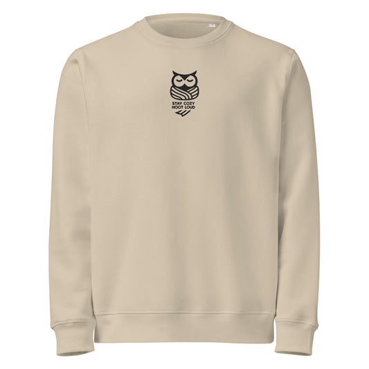 Owl Unisex Organic Mid-Weight Sweatshirt: 'Stay Cozy Hoot Loud' in Fall | Sustainable Fashion USA Dudeily
