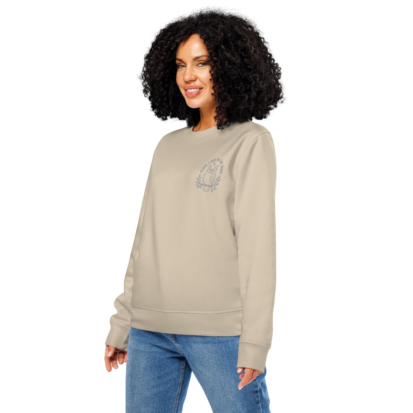 Owl Unisex Organic Mid-Weight Sweatshirt-'Peace Lives in the Night' in Fall | Sustainable Fashion USA Dudeily