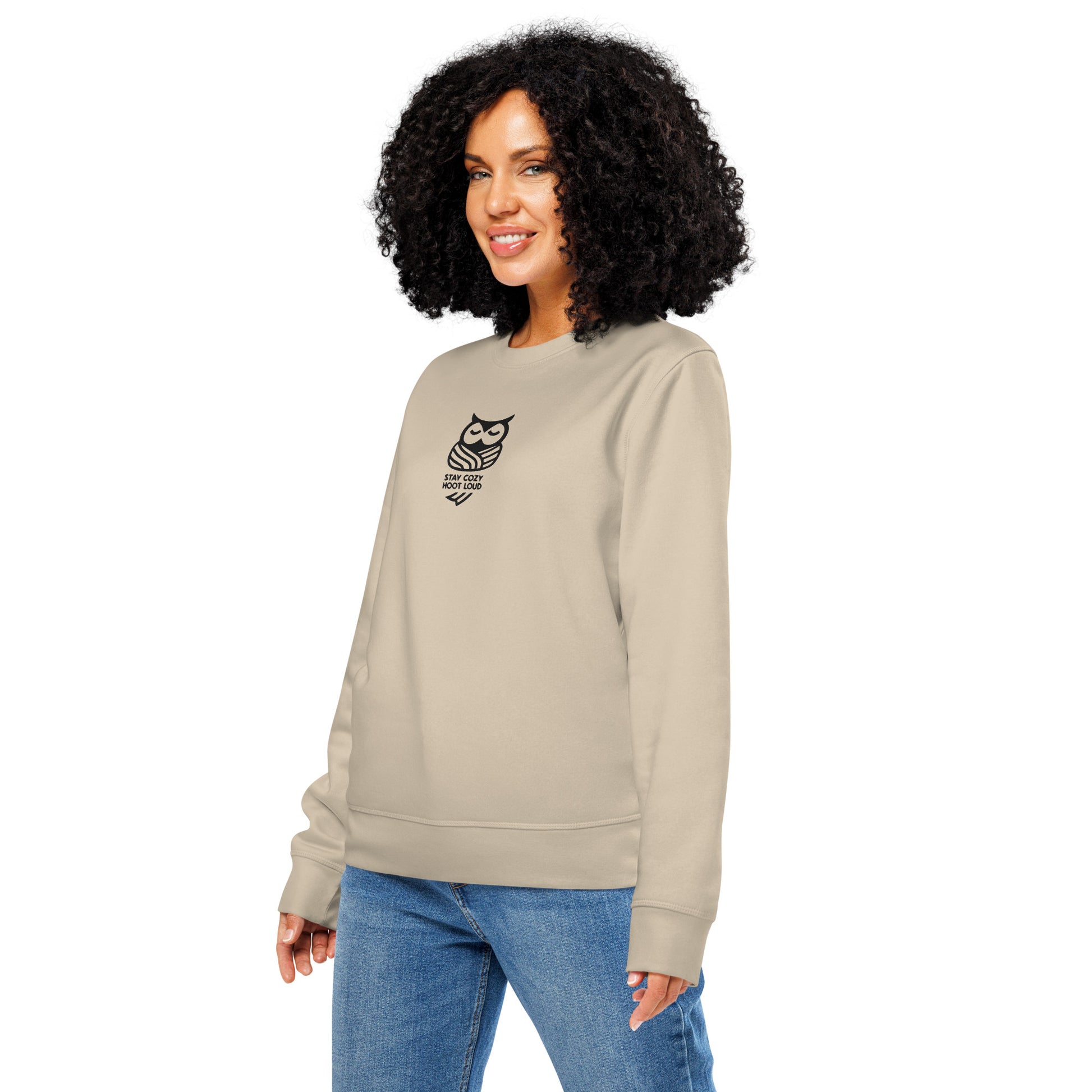Owl Unisex Organic Mid-Weight Sweatshirt: 'Stay Cozy Hoot Loud' in Fall | Sustainable Fashion USA Dudeily