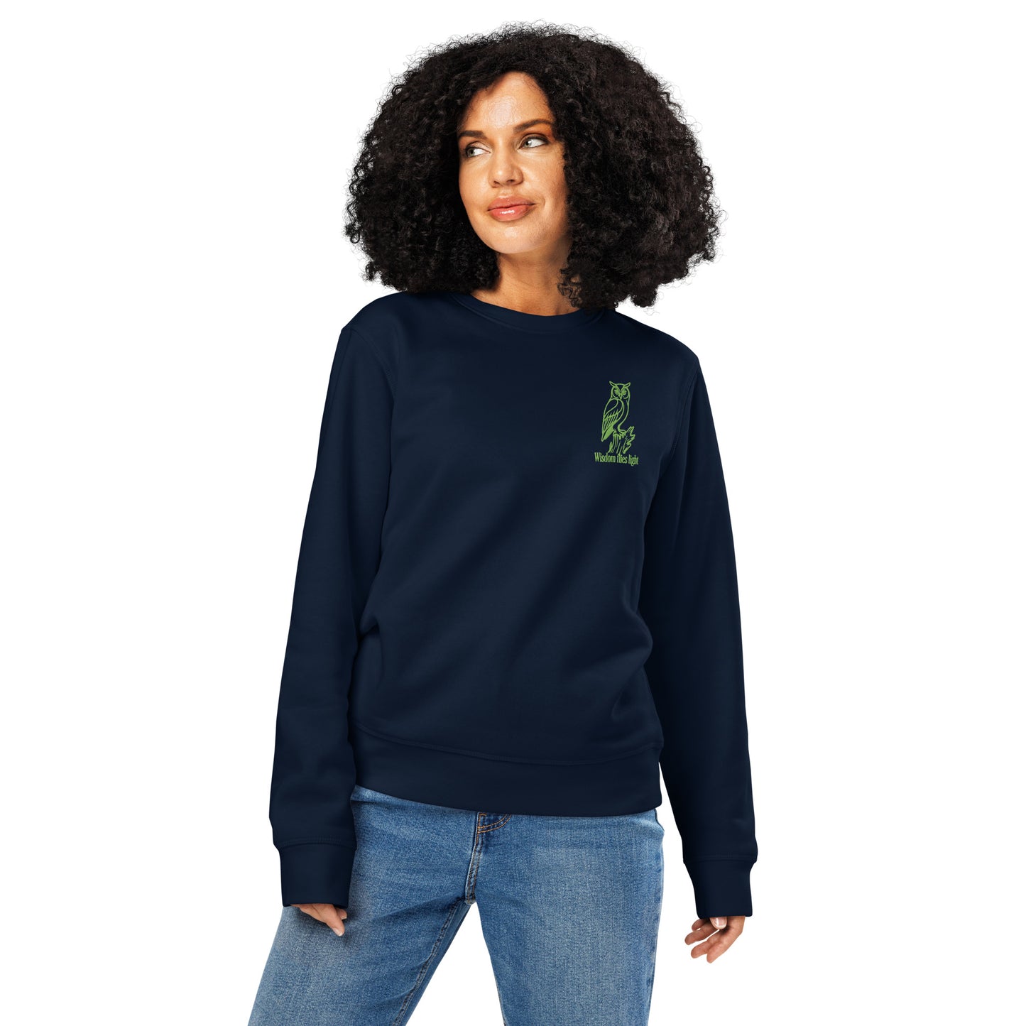 Owl Unisex Organic Mid-Weight Sweatshirt: 'Wisdom Flies Light' in Fall | Sustainable Fashion USA French Navy Dudeily