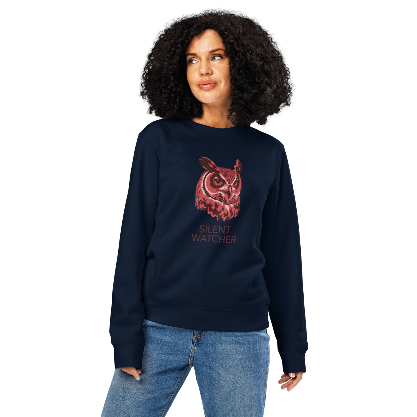 Owl Unisex Organic Mid-Weight Sweatshirt: 'Silent Watcher' in Fall | Sustainable Owl Fashion USA French Navy Dudeily