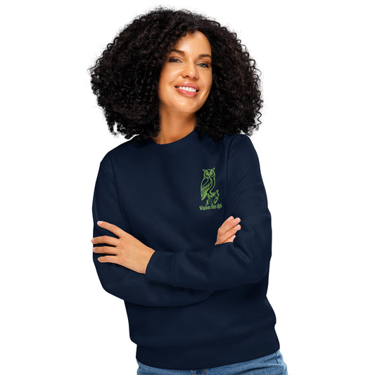 Owl Unisex Organic Mid-Weight Sweatshirt: 'Wisdom Flies Light' in Fall | Sustainable Fashion USA Dudeily