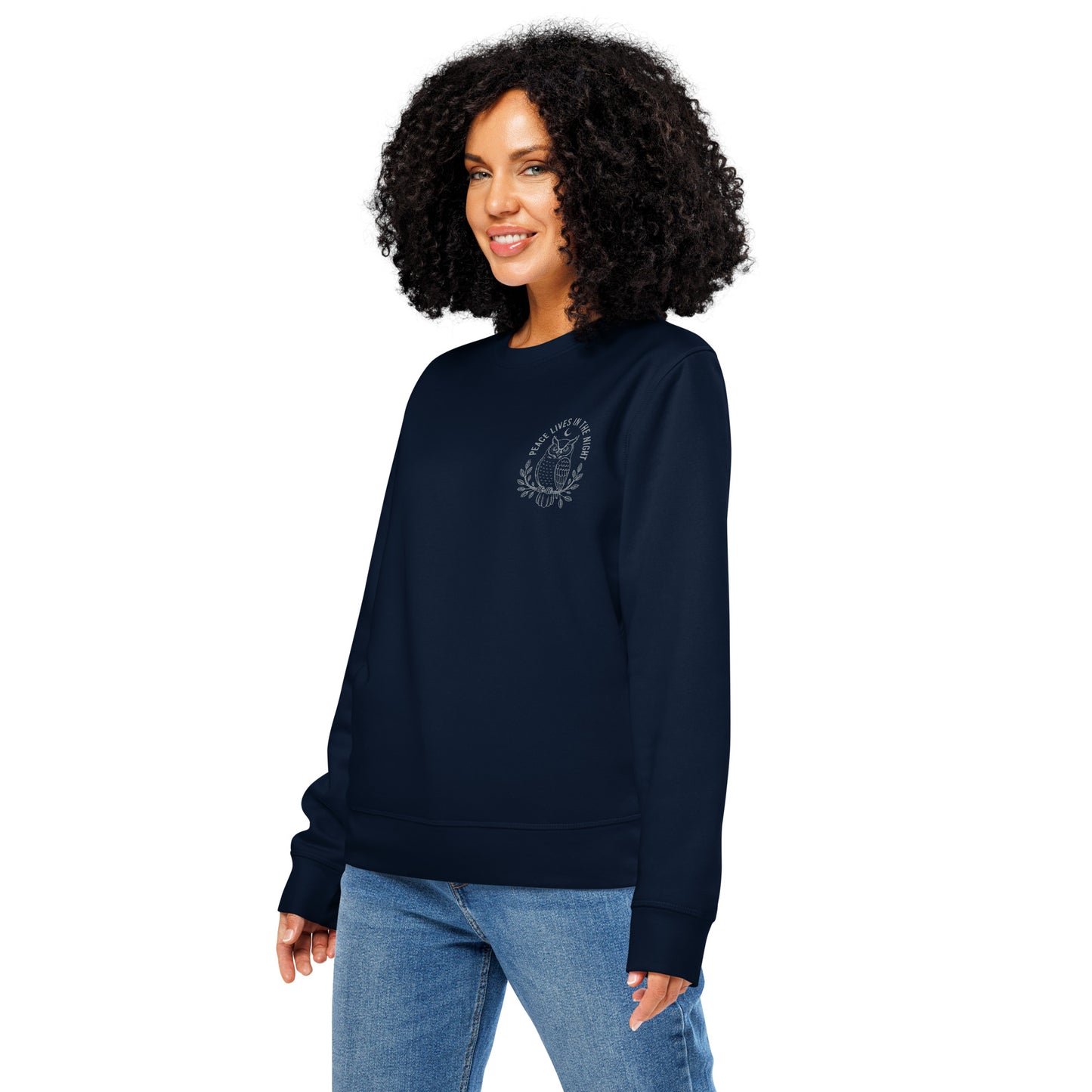 Owl Unisex Organic Mid-Weight Sweatshirt-'Peace Lives in the Night' in Fall | Sustainable Fashion USA Dudeily