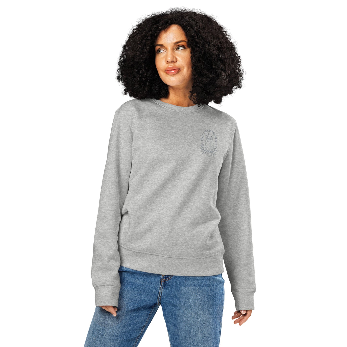 Owl Unisex Organic Mid-Weight Sweatshirt-'Peace Lives in the Night' in Fall | Sustainable Fashion USA Heather Grey Dudeily