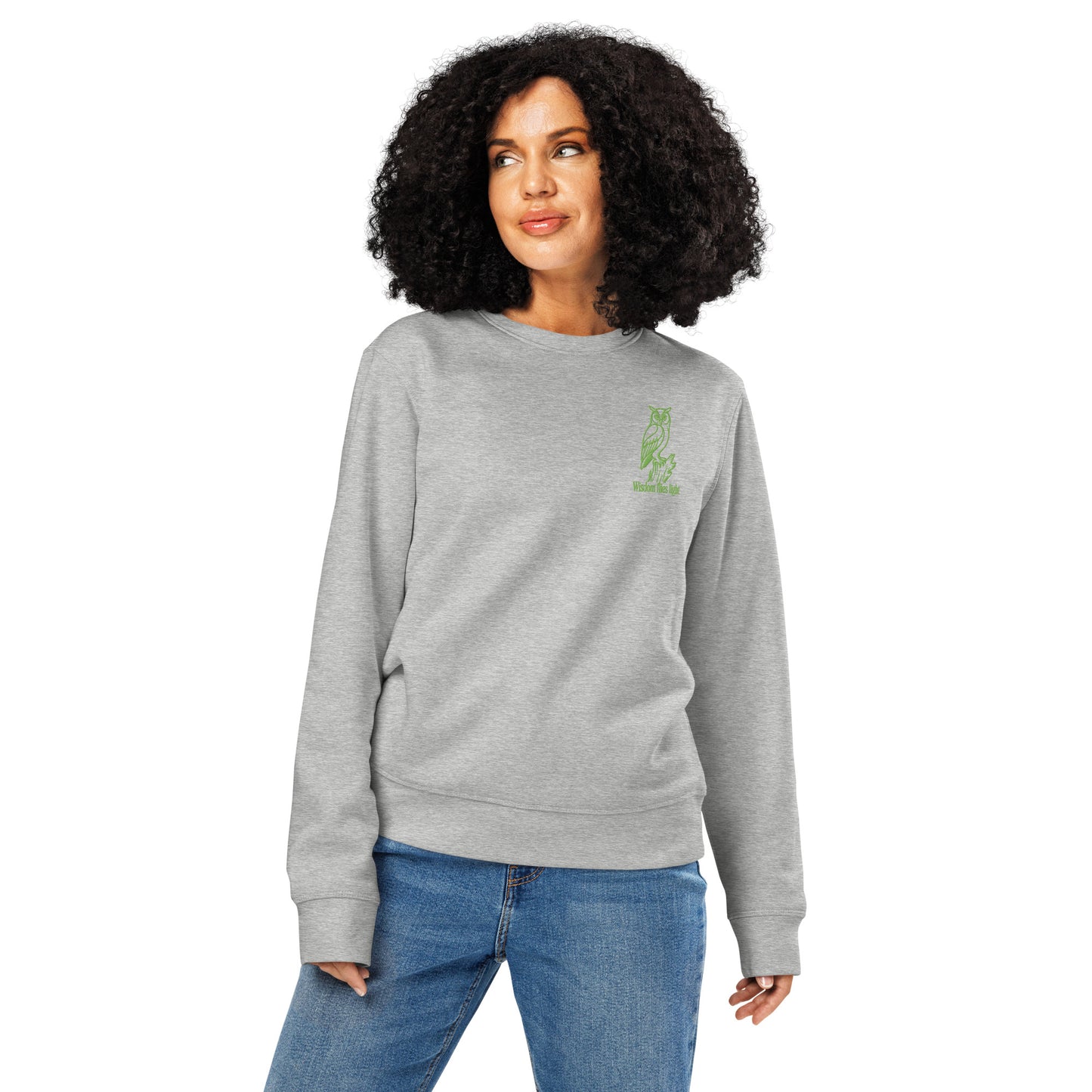 Owl Unisex Organic Mid-Weight Sweatshirt: 'Wisdom Flies Light' in Fall | Sustainable Fashion USA Heather Grey Dudeily