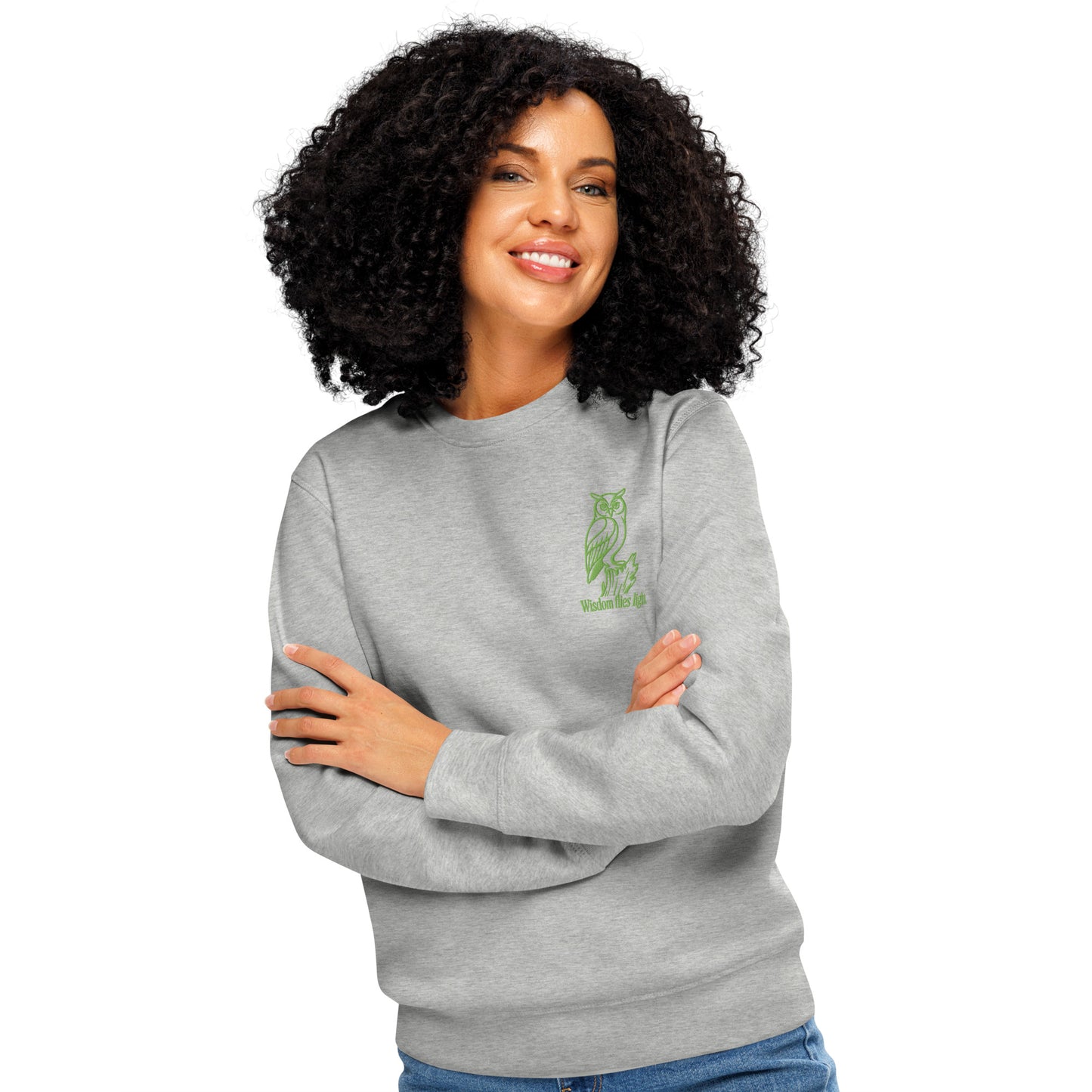 Owl Unisex Organic Mid-Weight Sweatshirt: 'Wisdom Flies Light' in Fall | Sustainable Fashion USA Dudeily