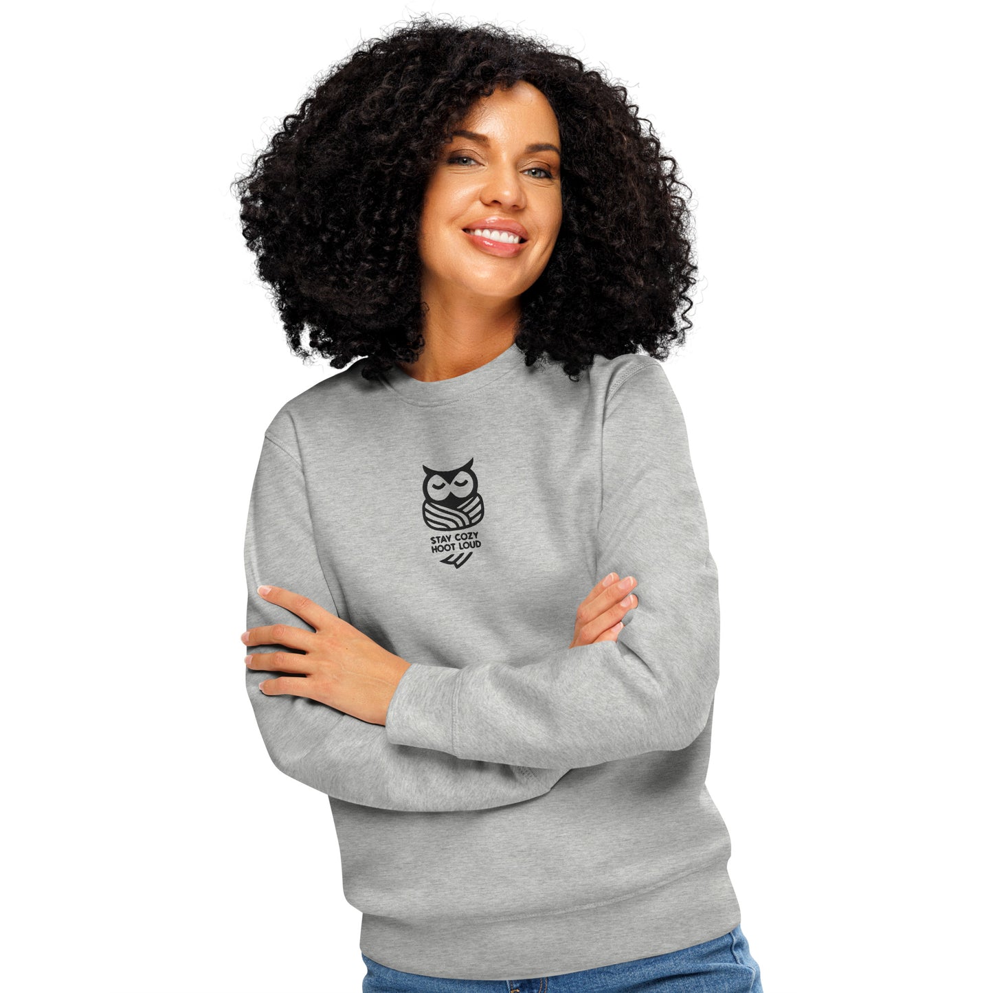 Owl Unisex Organic Mid-Weight Sweatshirt: 'Stay Cozy Hoot Loud' in Fall | Sustainable Fashion USA Heather Grey Dudeily