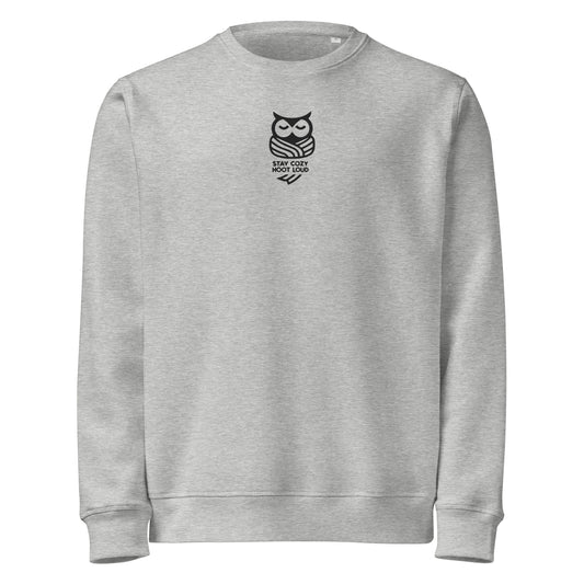 Owl Unisex Organic Mid-Weight Sweatshirt: 'Stay Cozy Hoot Loud' in Fall | Sustainable Fashion USA Dudeily