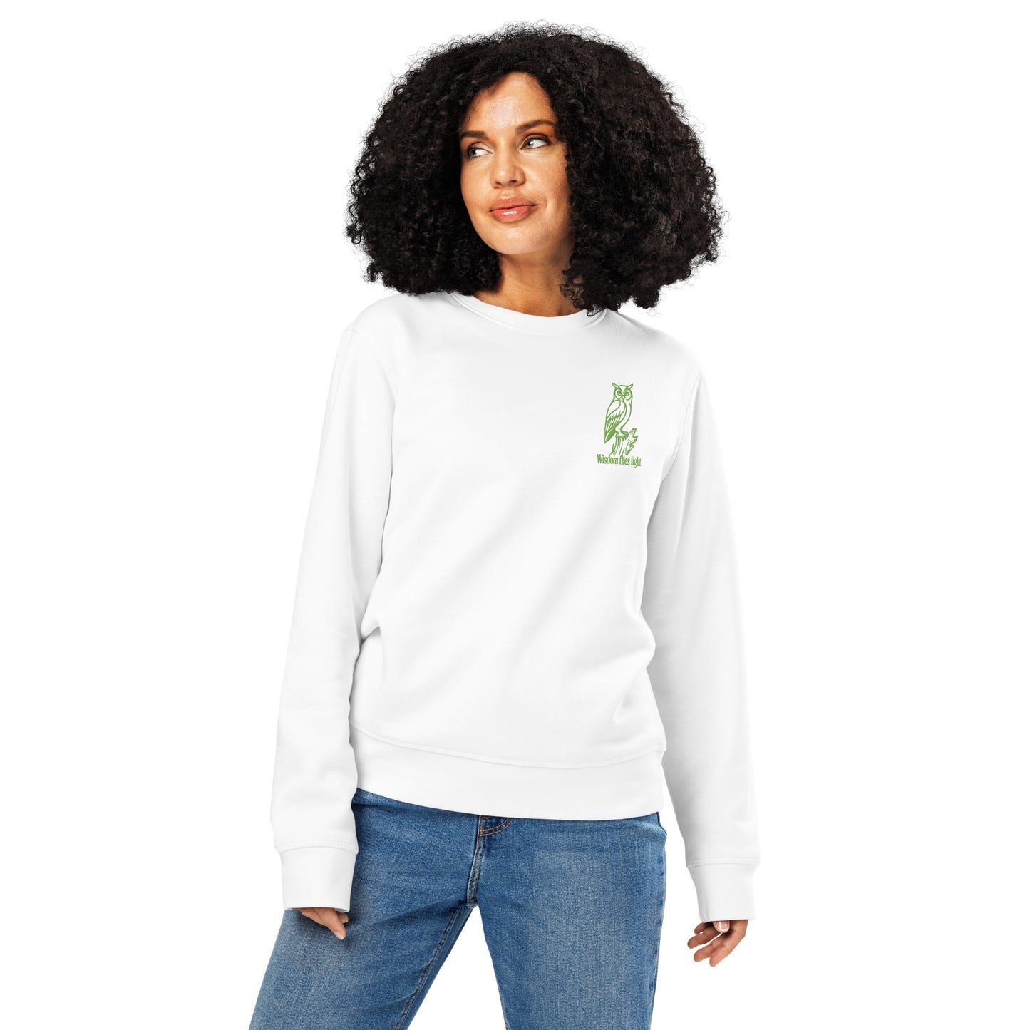 Owl Unisex Organic Mid-Weight Sweatshirt: 'Wisdom Flies Light' in Fall | Sustainable Fashion USA White Dudeily