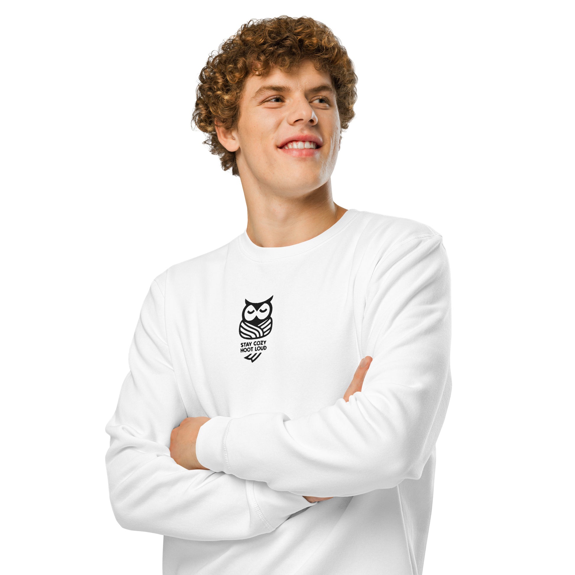 Owl Unisex Organic Mid-Weight Sweatshirt: 'Stay Cozy Hoot Loud' in Fall | Sustainable Fashion USA Dudeily