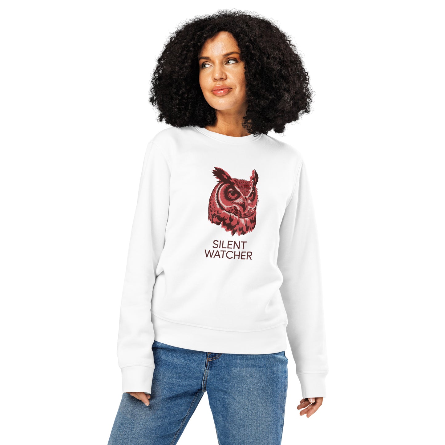 Owl Unisex Organic Mid-Weight Sweatshirt: 'Silent Watcher' in Fall | Sustainable Owl Fashion USA White Dudeily
