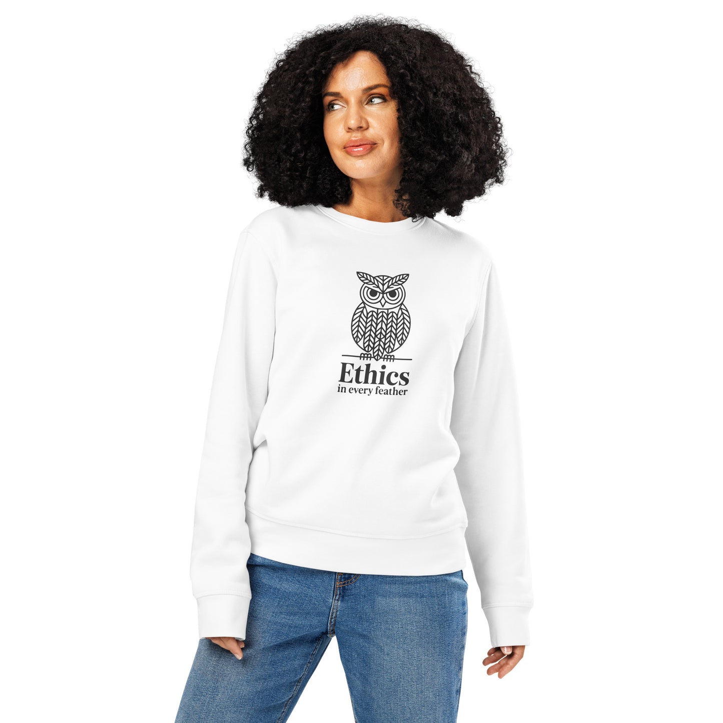 Unisex Organic Mid-Weight Sweatshirt: 'Ethics in Every Feather' for Fall | Sustainable Owl Fashion USA White Dudeily