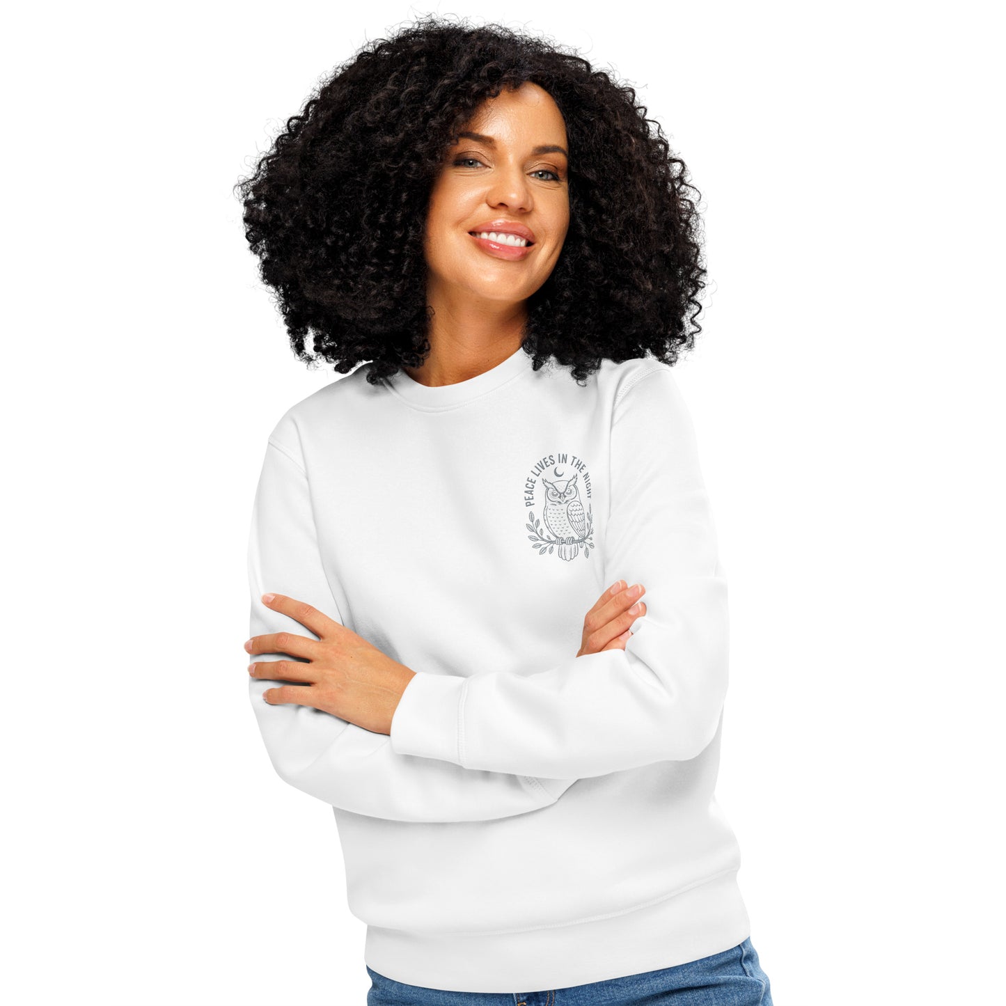 Owl Unisex Organic Mid-Weight Sweatshirt-'Peace Lives in the Night' in Fall | Sustainable Fashion USA Dudeily