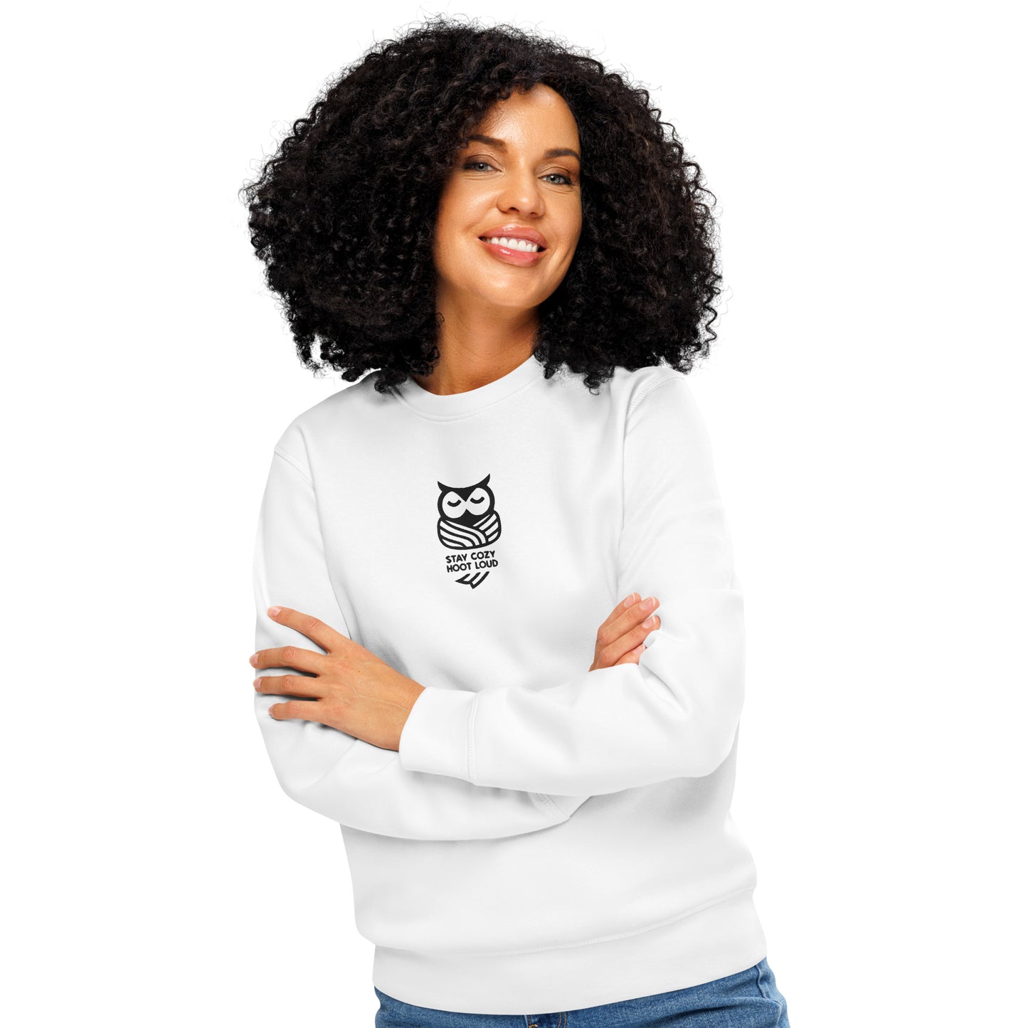 Owl Unisex Organic Mid-Weight Sweatshirt: 'Stay Cozy Hoot Loud' in Fall | Sustainable Fashion USA White Dudeily