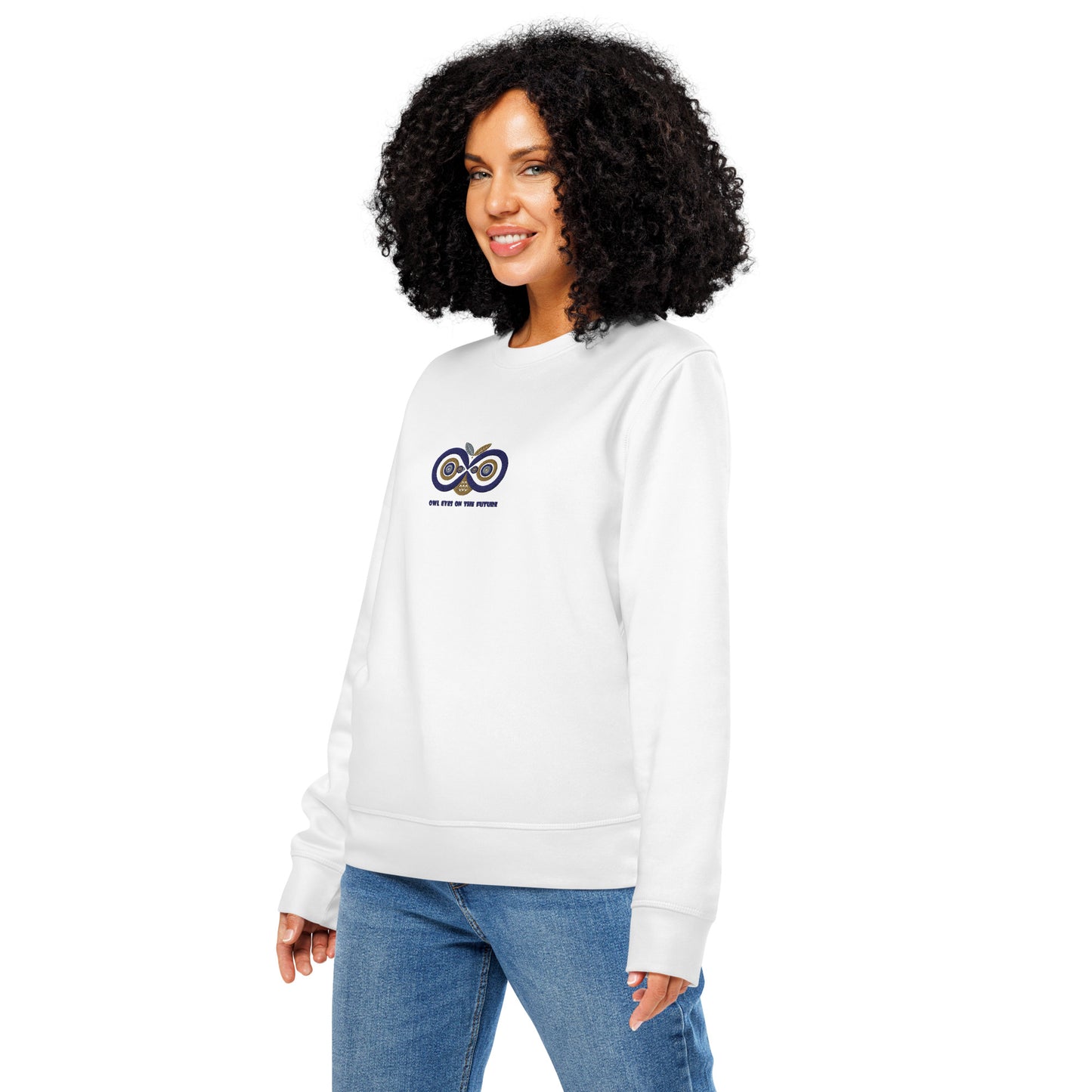 Unisex Organic Mid-Weight Sweatshirt: Owl Eyes on the Future | Owl Embroidered Sustainable Fashion USA Dudeily