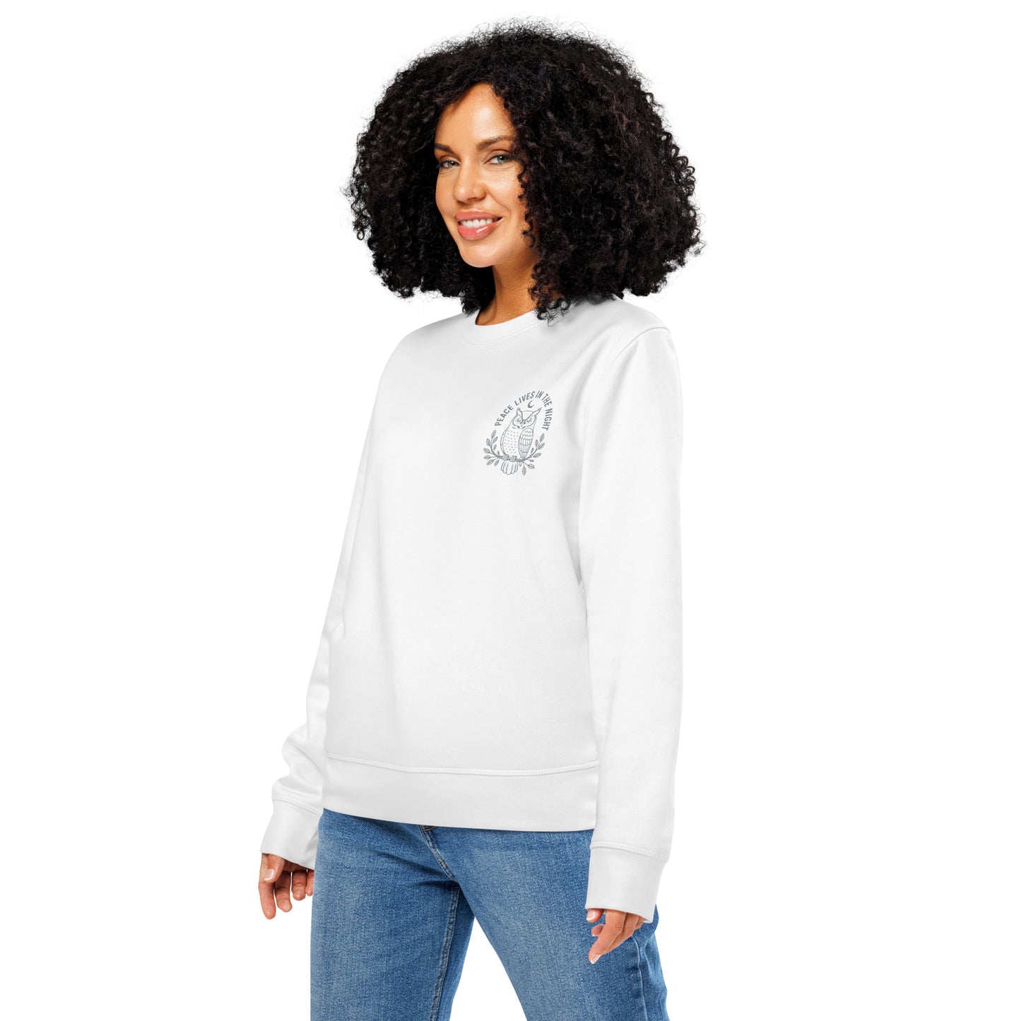 Owl Unisex Organic Mid-Weight Sweatshirt-'Peace Lives in the Night' in Fall | Sustainable Fashion USA Dudeily