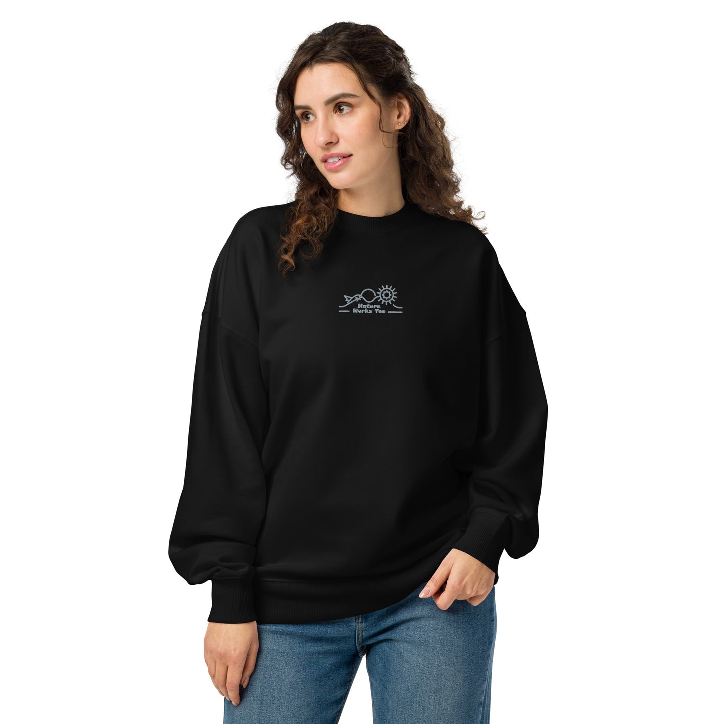 Unisex Organic Oversized Sweatshirt: Nature Works Too | Owl Embroidered Sustainable Fashion USA by Dudeily Black Dudeily