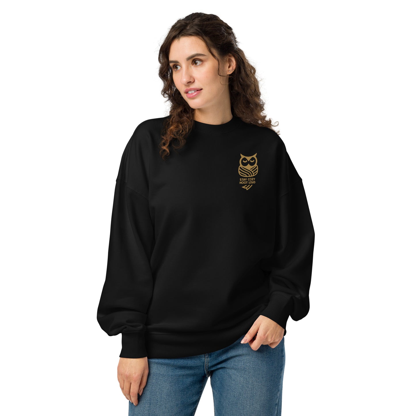 Unisex Organic Oversized Sweatshirt: 'Stay Cozy Hoot Loud' in Fall | Sustainable Owl Fashion USA Black Dudeily