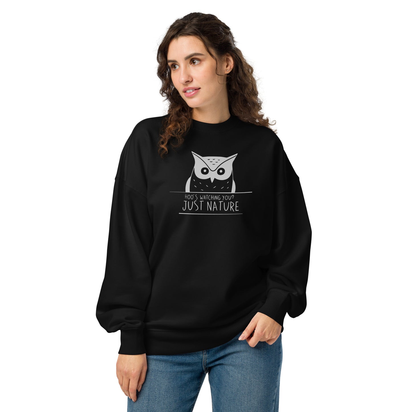 Owl Unisex Organic Oversized Sweatshirt: 'Stay Cozy Hoot Loud' in Fall | Sustainable Owl Fashion USA Black Dudeily