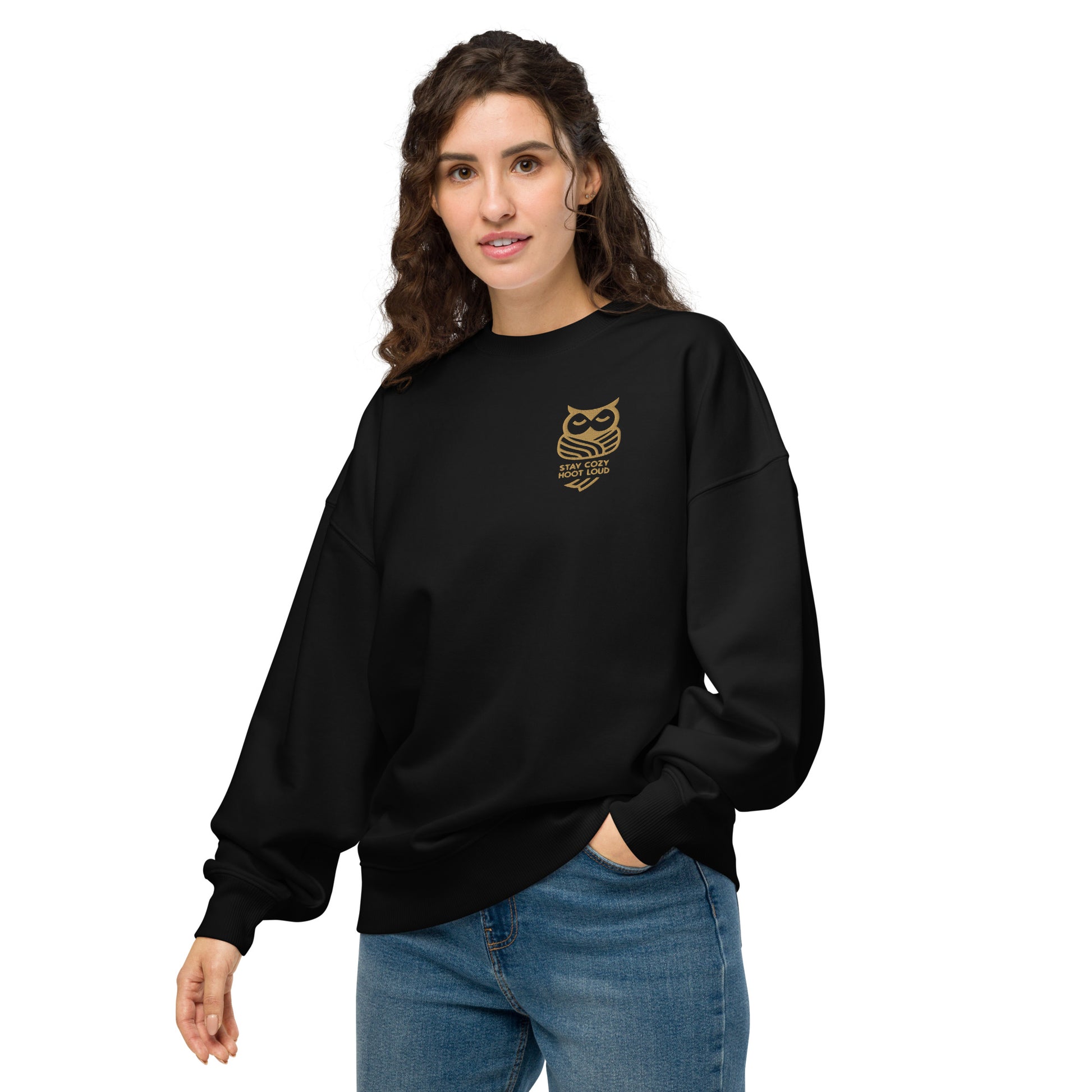 Unisex Organic Oversized Sweatshirt: 'Stay Cozy Hoot Loud' in Fall | Sustainable Owl Fashion USA Dudeily