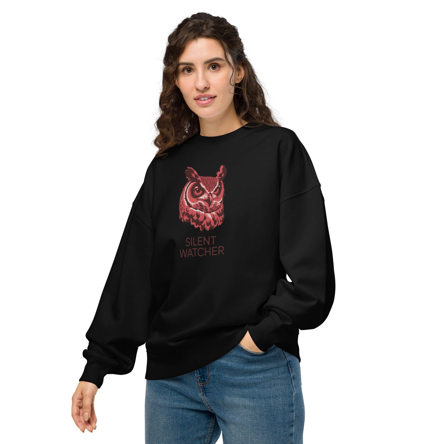 Unisex Organic Oversized Sweatshirt: ‘Silent Watcher’ in Fall | Sustainable Owl Fashion USA Dudeily
