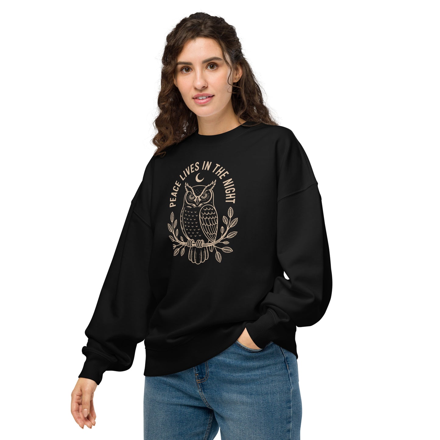 Unisex Organic Oversized Sweatshirt: 'Peace in the Night' in Fall | Sustainable Owl Fashion USA Dudeily
