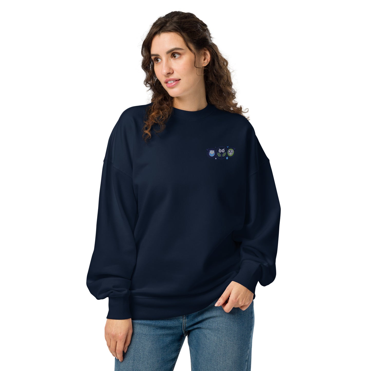 Unisex Organic Oversized Sweatshirt: Nature’s Union | Owl Embroidered Sustainable Fashion USA French Navy Dudeily