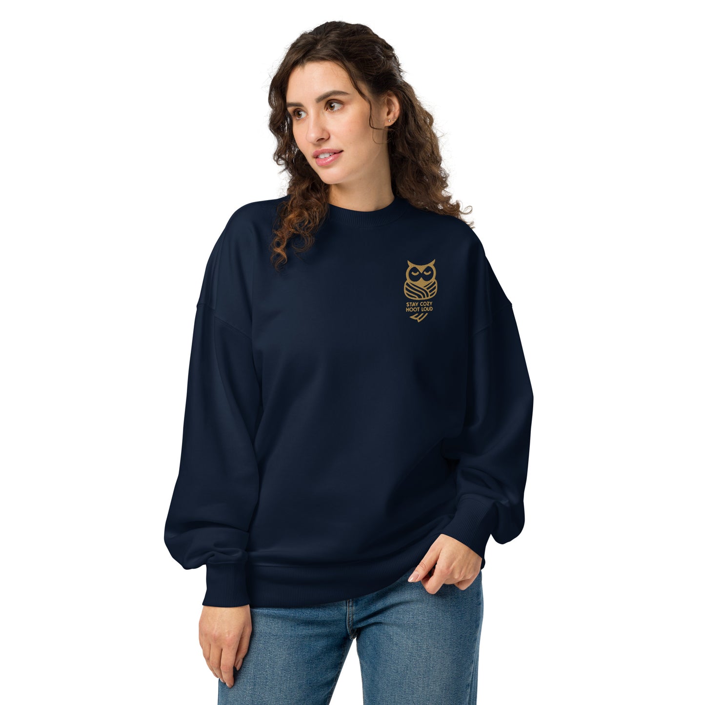 Unisex Organic Oversized Sweatshirt: 'Stay Cozy Hoot Loud' in Fall | Sustainable Owl Fashion USA French Navy Dudeily