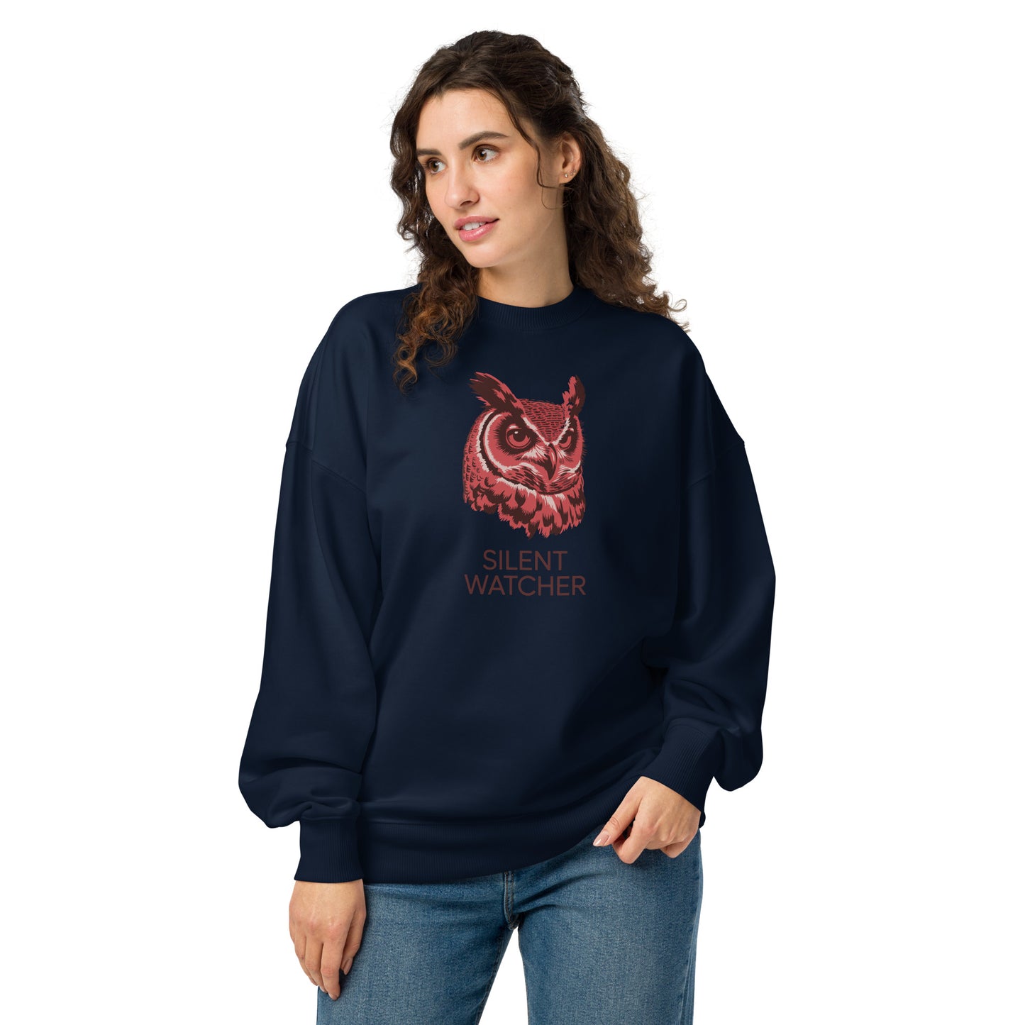 Unisex Organic Oversized Sweatshirt: ‘Silent Watcher’ in Fall | Sustainable Owl Fashion USA French Navy Dudeily