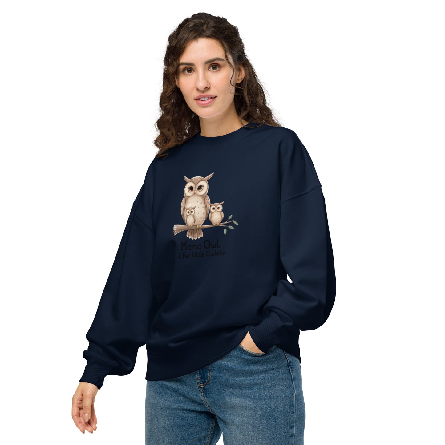 Unisex Organic Oversized Sweatshirt – Sustainable Owl-Themed Relaxed Fit Pullover French Navy Dudeily