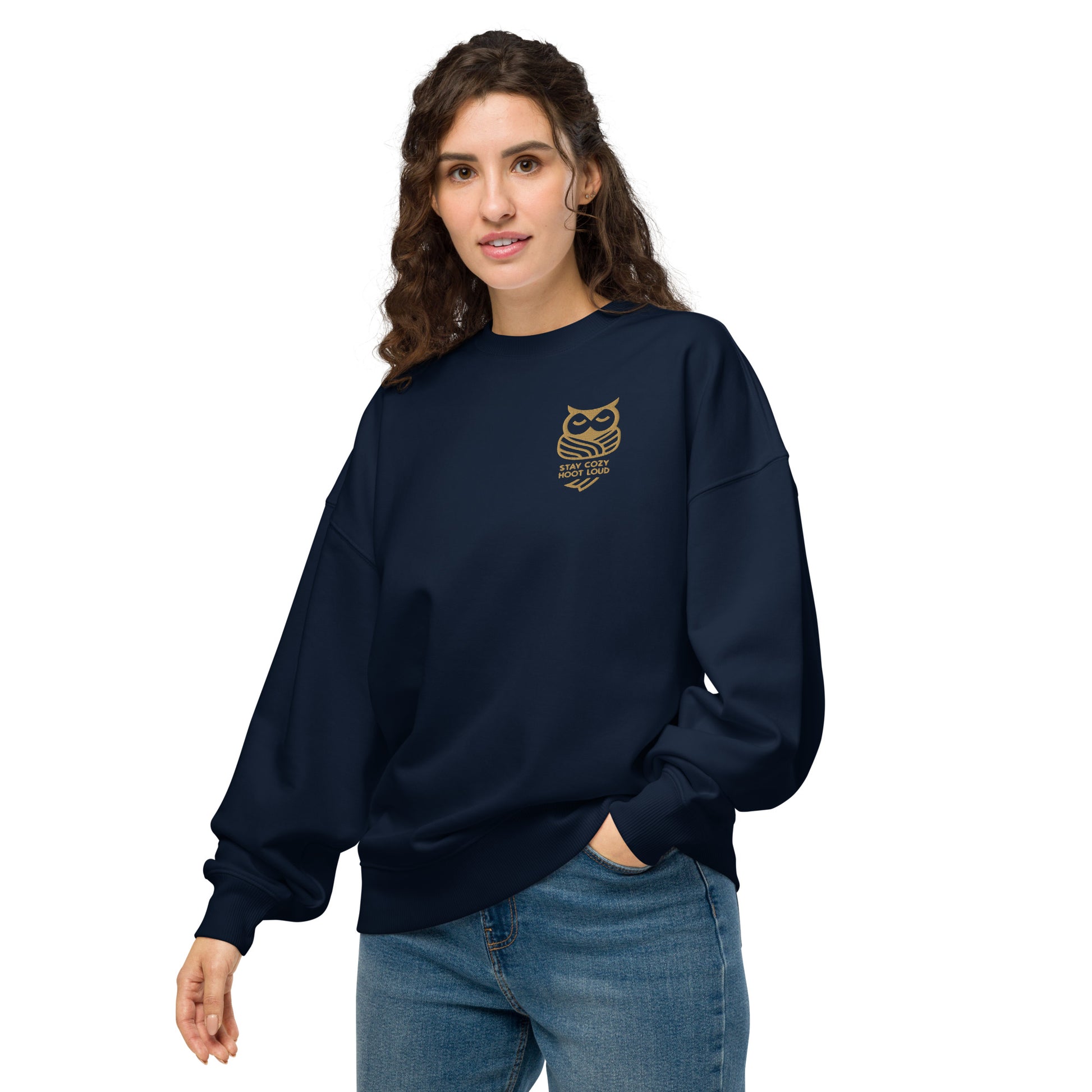 Unisex Organic Oversized Sweatshirt: 'Stay Cozy Hoot Loud' in Fall | Sustainable Owl Fashion USA Dudeily