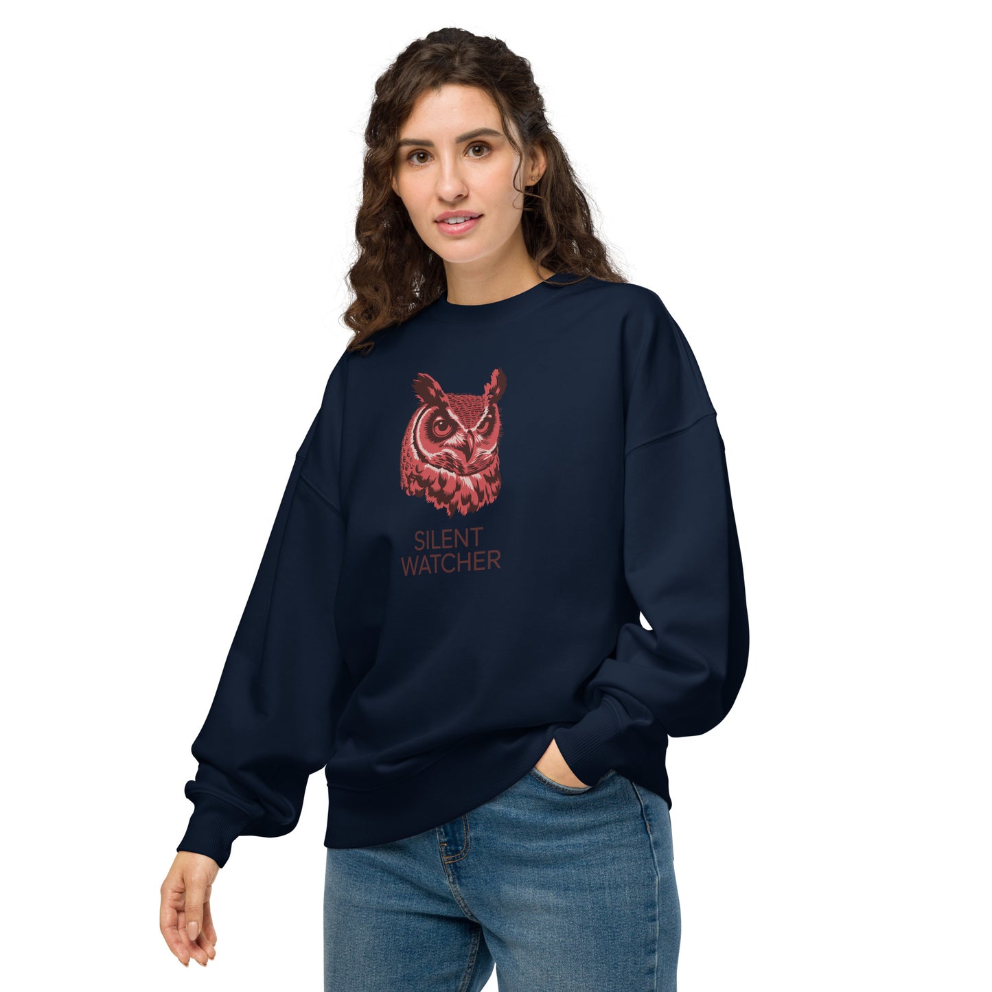 Unisex Organic Oversized Sweatshirt: ‘Silent Watcher’ in Fall | Sustainable Owl Fashion USA Dudeily