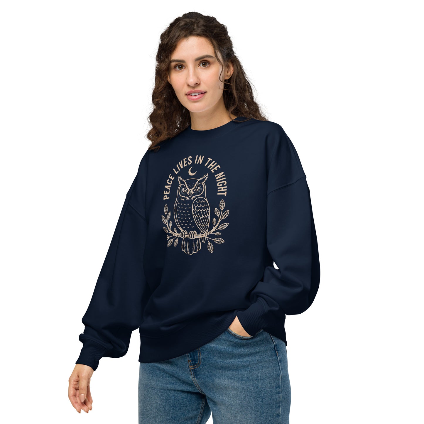 Unisex Organic Oversized Sweatshirt: 'Peace in the Night' in Fall | Sustainable Owl Fashion USA Dudeily