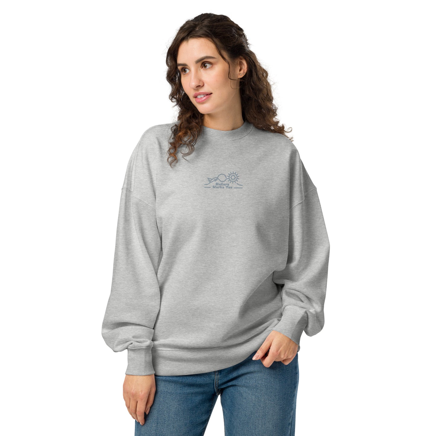 Unisex Organic Oversized Sweatshirt: Nature Works Too | Owl Embroidered Sustainable Fashion USA by Dudeily Heather Grey Dudeily