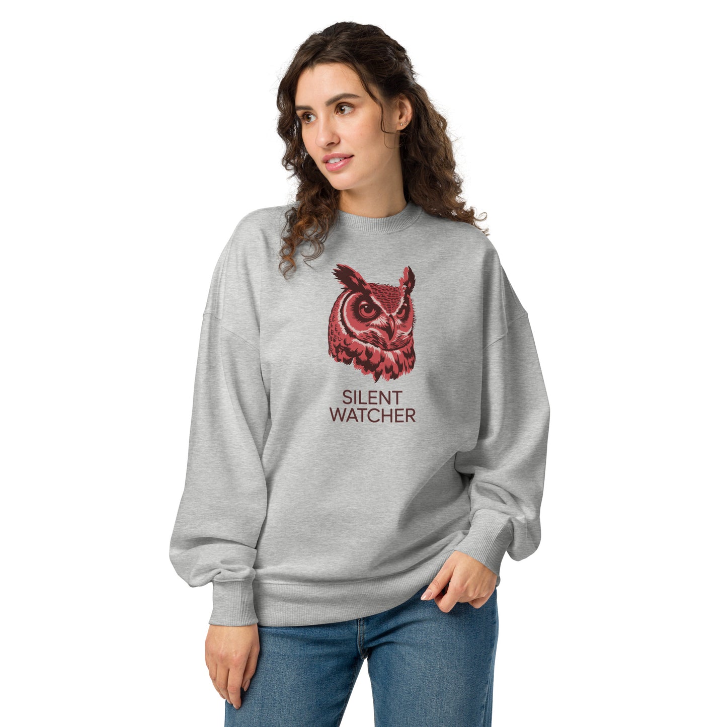 Unisex Organic Oversized Sweatshirt: ‘Silent Watcher’ in Fall | Sustainable Owl Fashion USA Heather Grey Dudeily