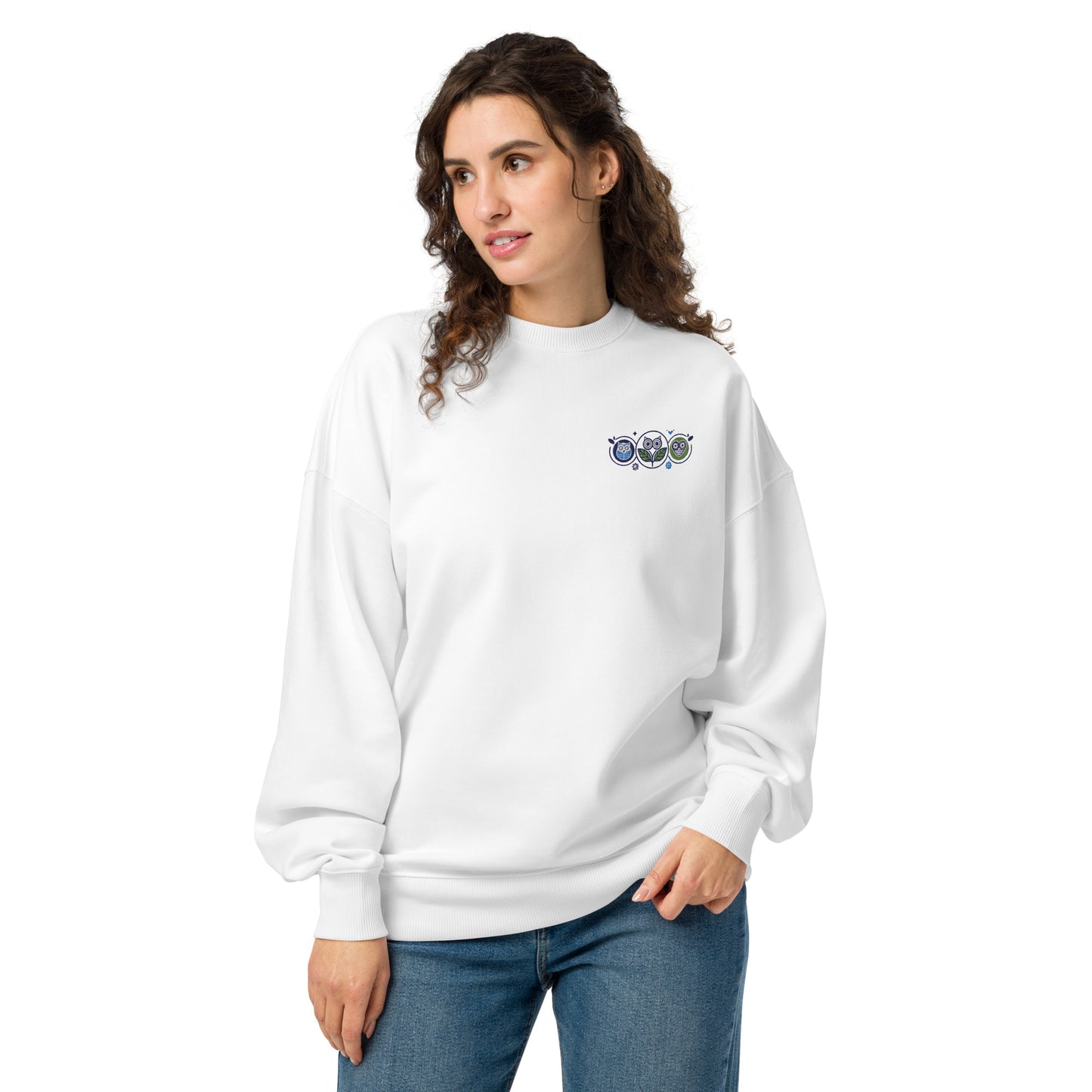 Unisex Organic Oversized Sweatshirt: Nature’s Union | Owl Embroidered Sustainable Fashion USA White Dudeily