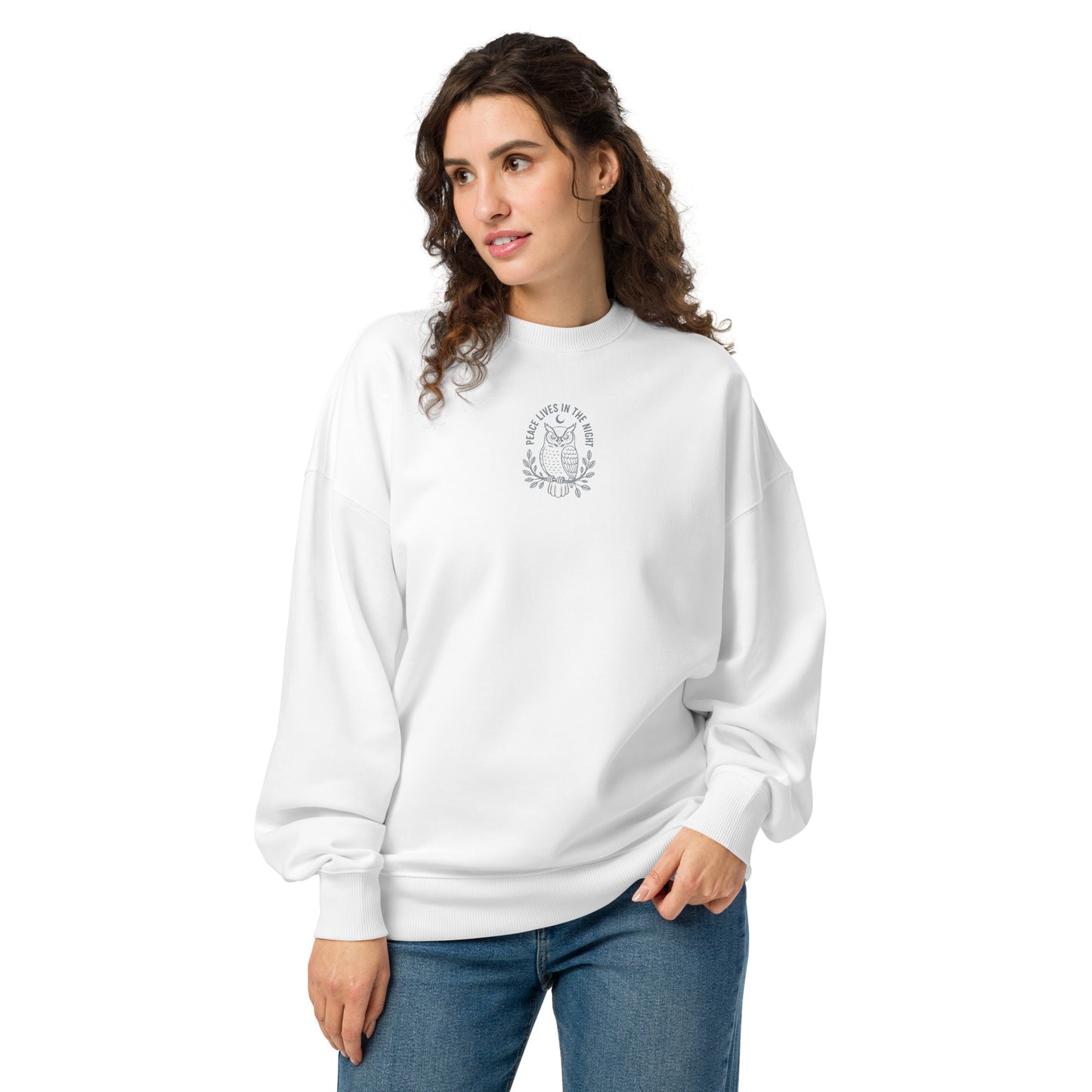 Owl Unisex Organic Oversized Sweatshirt – 'Peace Lives in the Night' in Fall | Sustainable Fashion USA White Dudeily