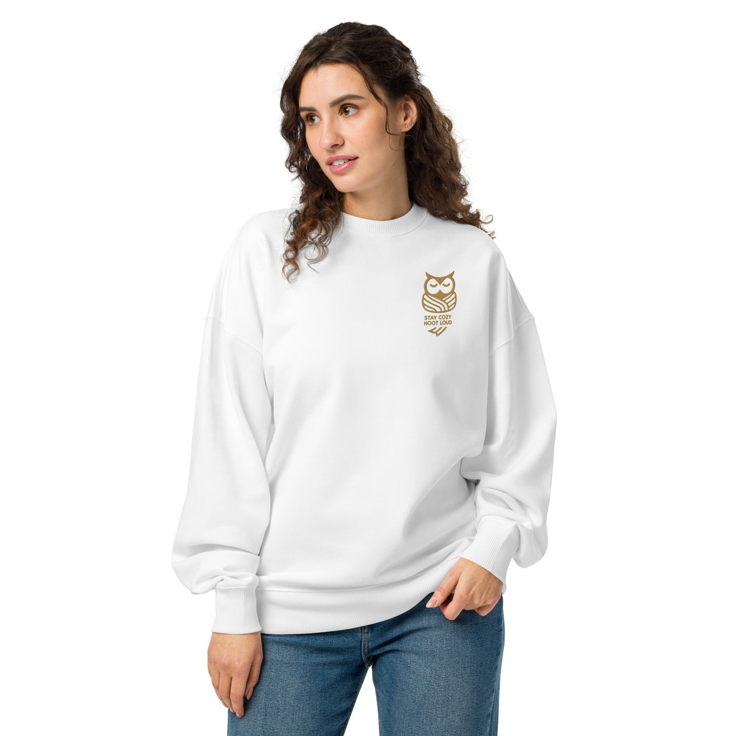 Unisex Organic Oversized Sweatshirt: 'Stay Cozy Hoot Loud' in Fall | Sustainable Owl Fashion USA White Dudeily