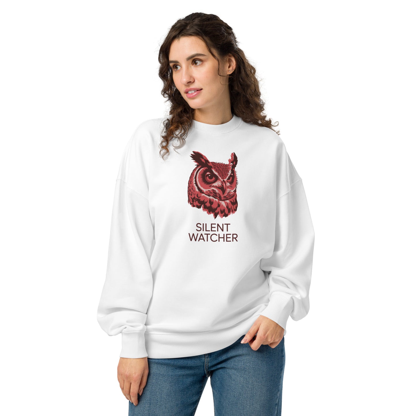 Unisex Organic Oversized Sweatshirt: ‘Silent Watcher’ in Fall | Sustainable Owl Fashion USA White Dudeily