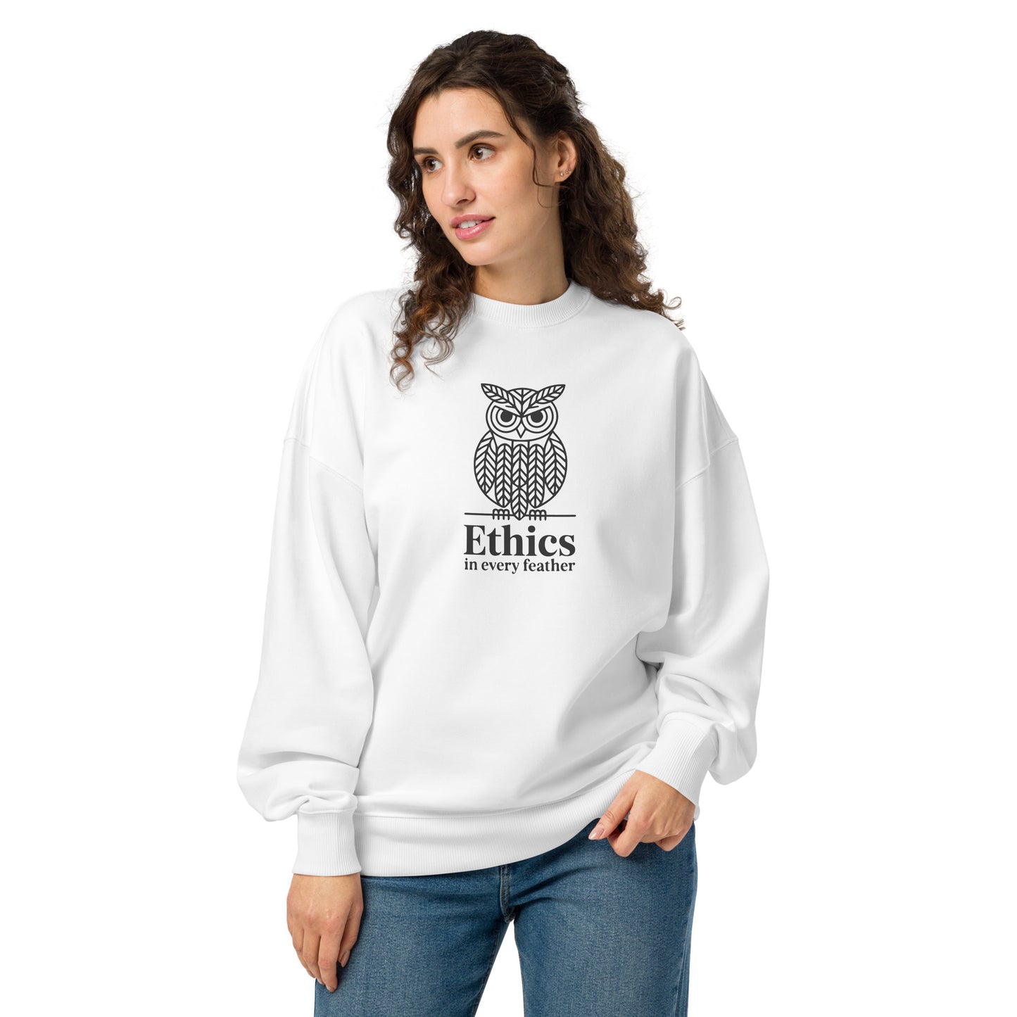 Unisex Organic Oversized Sweatshirt: 'Ethics in Every Feather' | Sustainable Owl Fashion USA White Dudeily