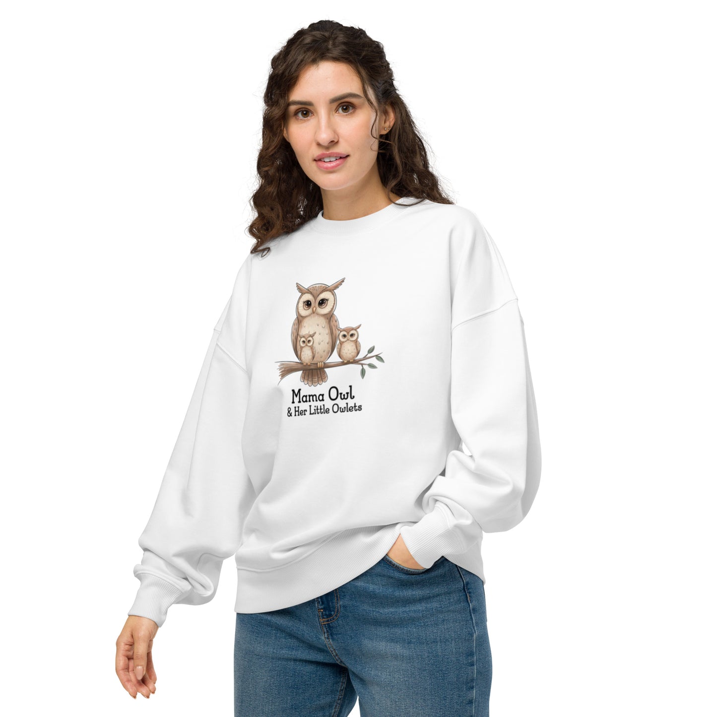 Unisex Organic Oversized Sweatshirt – Sustainable Owl-Themed Relaxed Fit Pullover White Dudeily