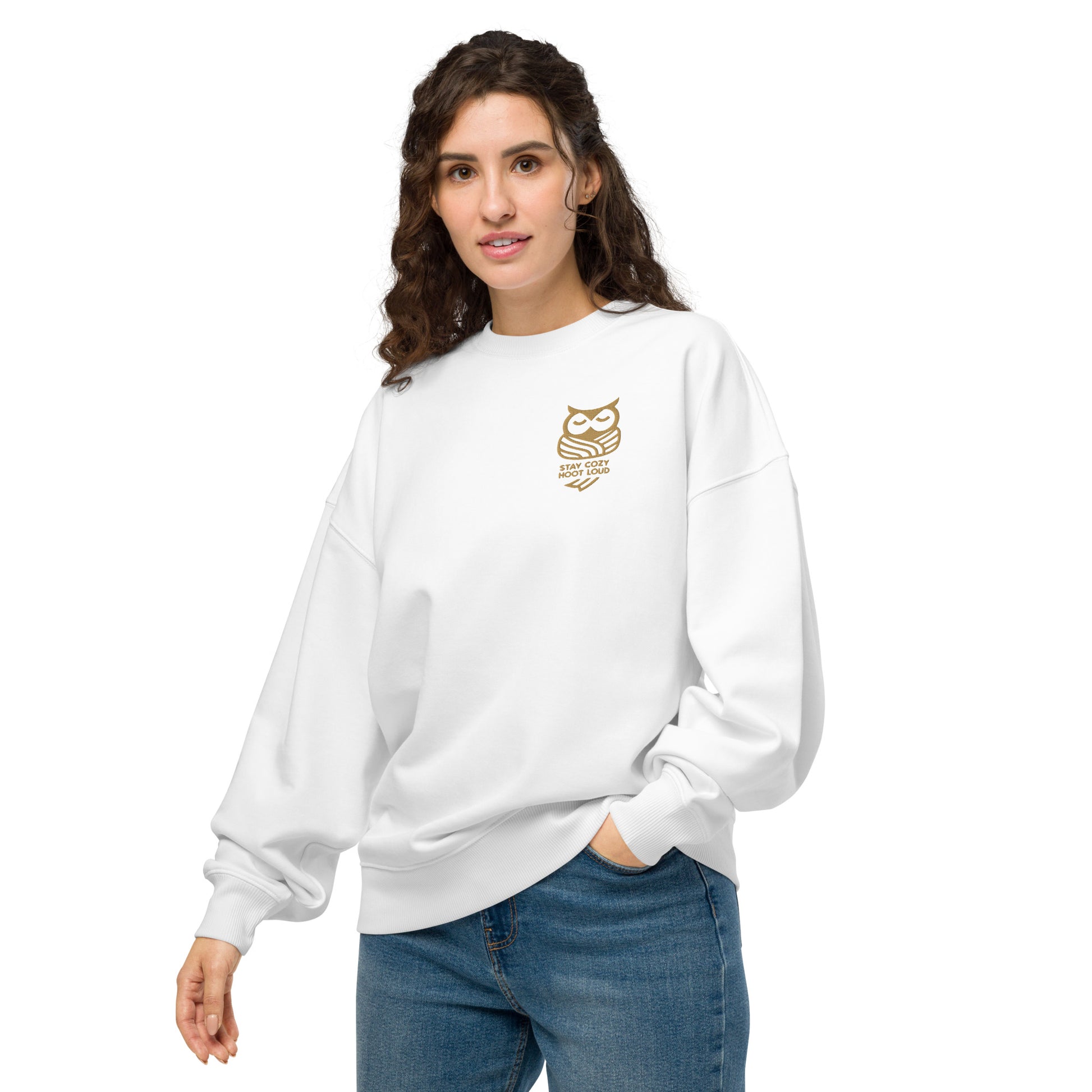 Unisex Organic Oversized Sweatshirt: 'Stay Cozy Hoot Loud' in Fall | Sustainable Owl Fashion USA Dudeily