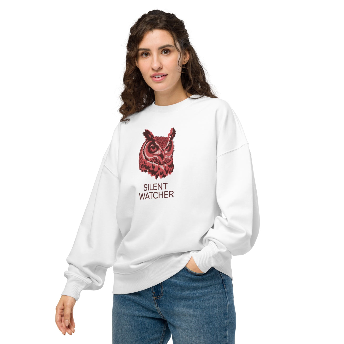 Unisex Organic Oversized Sweatshirt: ‘Silent Watcher’ in Fall | Sustainable Owl Fashion USA Dudeily