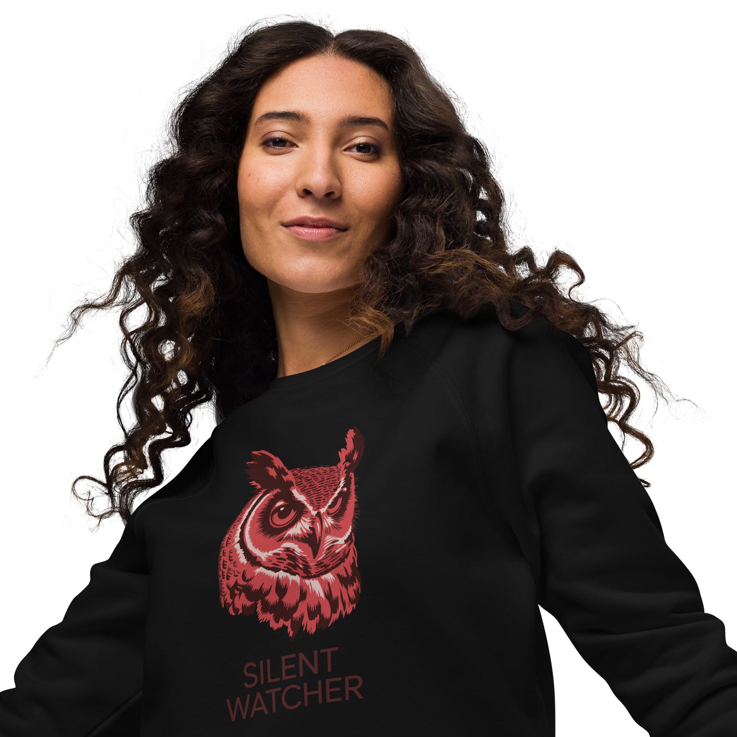 Unisex Organic Raglan Sweatshirt: ‘Silent Watcher’ in Fall | Sustainable Owl Fashion USA Dudeily