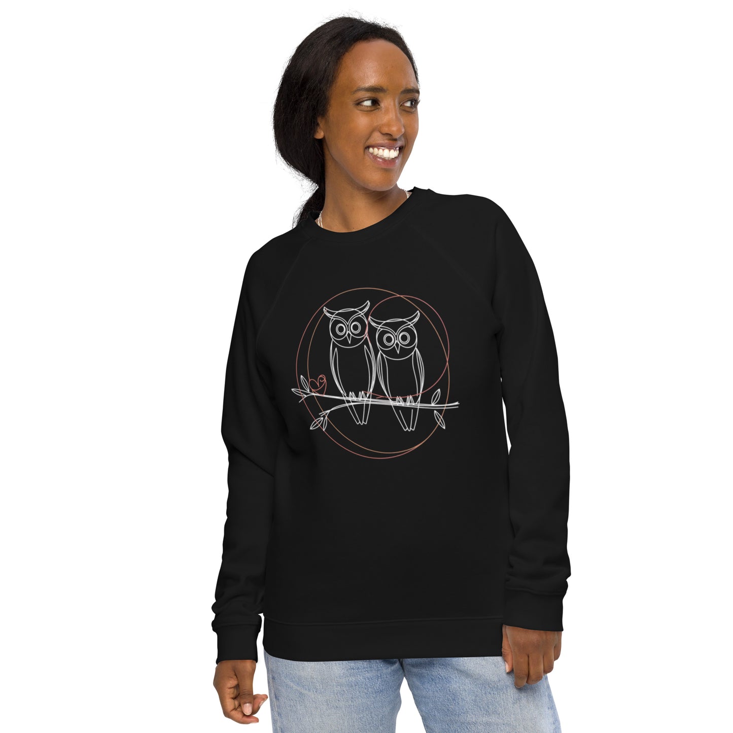 Unisex Owl-Themed Organic Sweatshirt | Sustainable & Stylish Raglan Design Black Dudeily