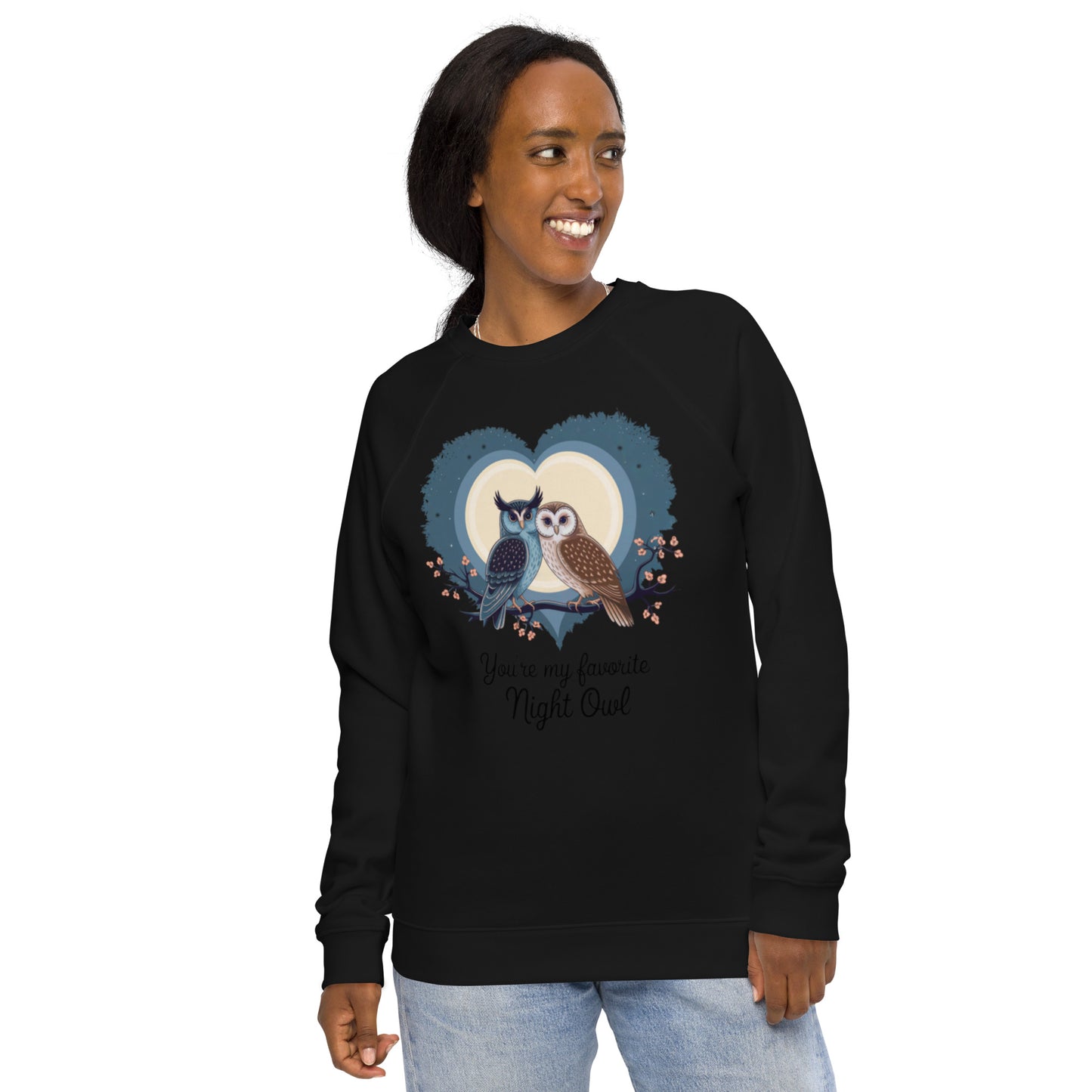 Owl-Themed Unisex Organic Raglan Sweatshirt | Sustainable Comfort Black Dudeily