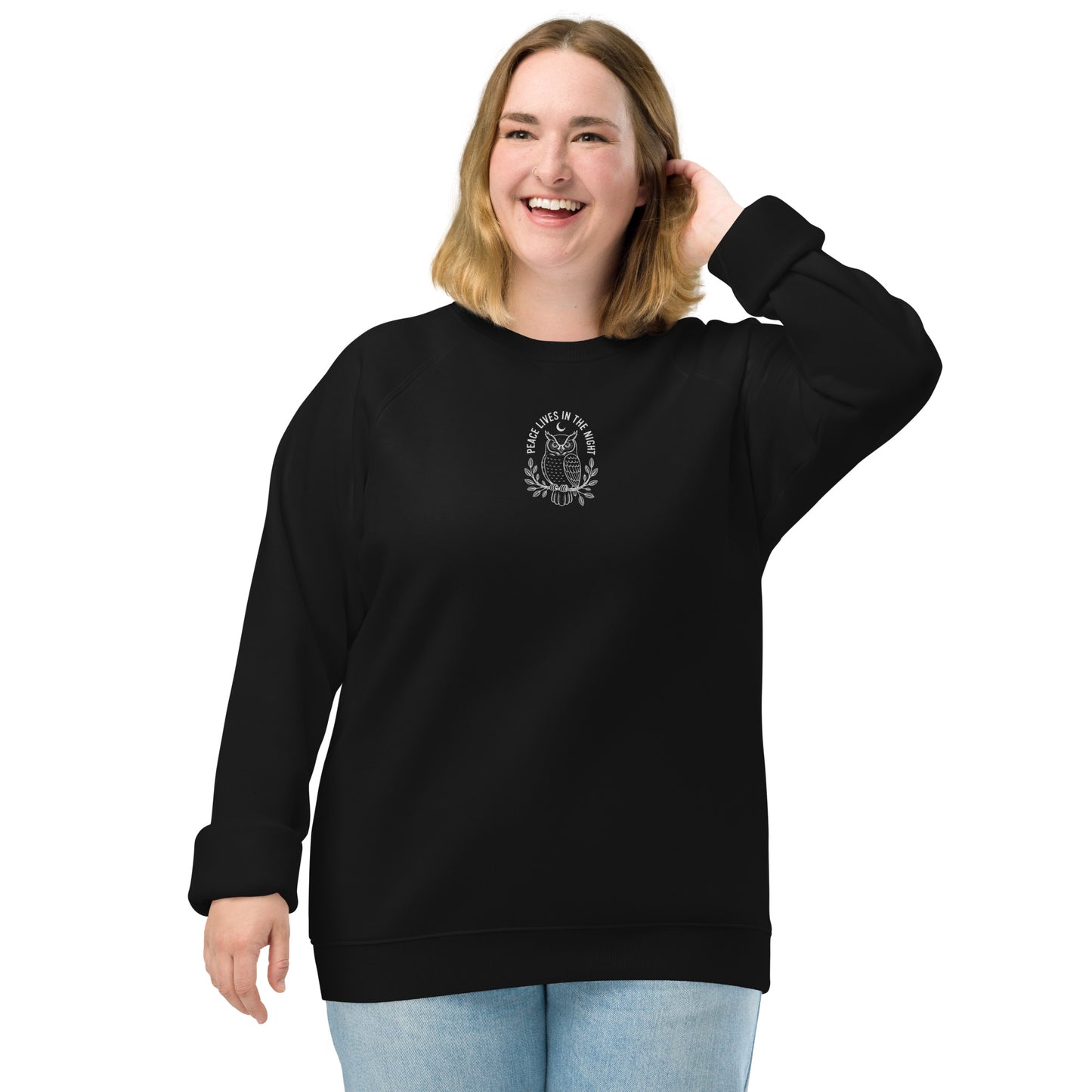 Owl Unisex Organic Raglan Sweatshirt – 'Peace Lives in the Night' in Fall | Sustainable Fashion USA Black Dudeily